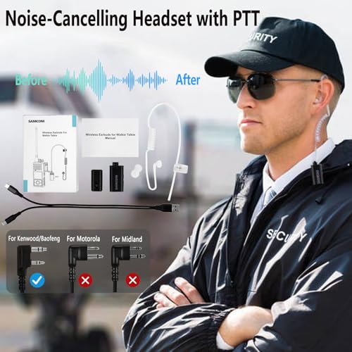 SAMCOM BTEAR01 Wireless Headset Earpiece Ear piece Clear Acoustic Tube | with PTT Microphone Mic 2 Pin Dongle 10 Working Hours for K plug FPCN30A/FPCN10A Radios,Radios Not Include - size: Wireless Earpiece