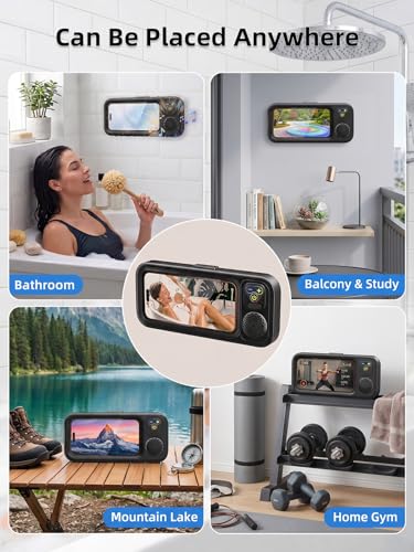 Shower Phone Holder IPX6 Waterproof with Wireless Bluetooth Speaker, 480 Rotation Phone Case Speakers for 4"- 7" Cell Phones, Hands-Free Shower Speaker, Wall Mounted Phoneholder for Mirror (Black) - color: Black