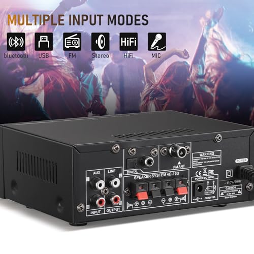 Facmogu BT-398A 스테레오 디지털 오디오 앰프, 최대 450Wx2 HiFi 사운드 오디오 파워 앰프 시스템, 홈 시어터 차고용 2.0 채널 수신기 앰프, 섬유/구리 잭 포함, USB/SD/AUX/RCA/MIC in 에코 포함 - style: 최대 450Wx2