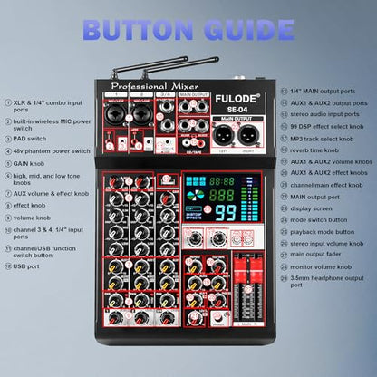Audio Mixer, 4 Channel Sound Mixing Board With Dual Wireless Microphone & 99DSP, Professional DJ Console W/ MP3 Bluetooth 48V Phantom Power PAD USB Interface for Recording Home Karaoke Live Streaming