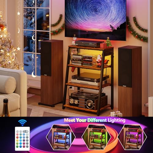 4-Tier AV Media Stand with Power Strips, Heavy Duty Stereo Cabinet Stand with LED Lights, Wooden Record Player Stand with 2 Hooks, Audio Stand Furniture Perfect for DVD Player/Game Console/TV Box/Xbox - style: With Outlet and Light