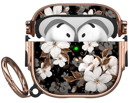 for AirPods 4 Case with Safety Lock, Magsafe Compatible, Flower | Double Secure Lock,Drop Protection,Two-Piece Design,with Gold Keychain, Anti Lost, Dustproof, Cute AirPod 4 Case - color: Black + White, size: AirPods 4 Case