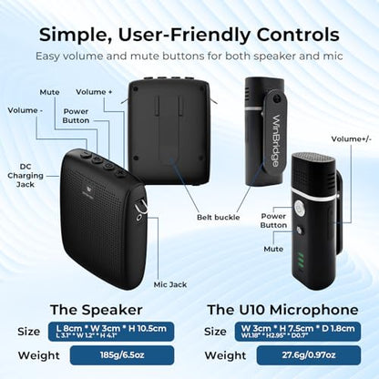 WinBridge Portable Voice Amplifier with Bluetooth Lavalier Microphone,Teacher Mic with Speaker,Wireless Lapel Amplifier for Teachers, Clip On Microphone System Bluetooth Speaker,Mini Megaphone WB006