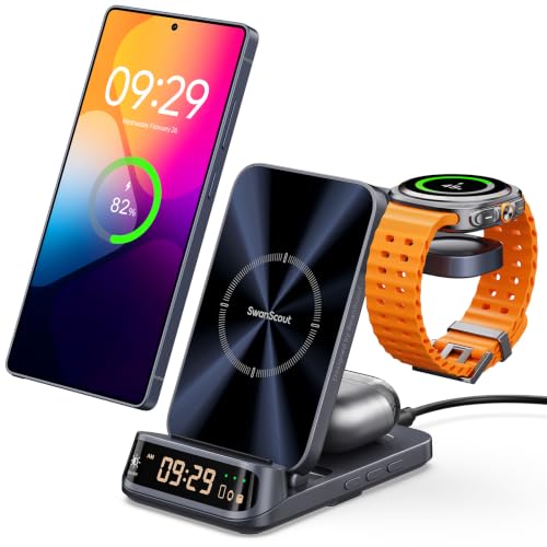 SwanScout 708S 3-in-1 Foldable Wireless Charger for Samsung Devices | Wireless Charging Station with Clock, for S26/S25/S24/S23/Z Flip8, for Galaxy Watch 8/7/FE/6/5/4, No Adapter - color: Tech Grey