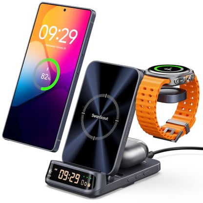 SwanScout 708S 3-in-1 Foldable Wireless Charger for Samsung Devices | Wireless Charging Station with Clock, for S26/S25/S24/S23/Z Flip8, for Galaxy Watch 8/7/FE/6/5/4, No Adapter - color: Tech Grey