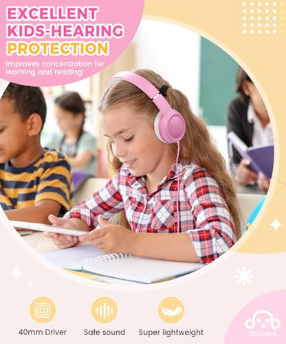 UKELALA C3 Kids Headphones Wired, On-Ear Wired Head Phones for Boys Girls with 3.5mm Jack, Foldable, Adjustable Headband, Child Headphone for School Home Airplane Tablet Pink - color: Pink