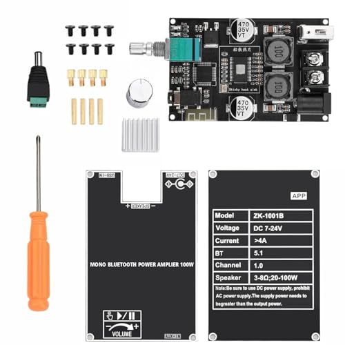 ZK-1001B Bluetooth 5.1 Audio Amplifier Board with 100W Mono,DC 7-24V Mini Audio Power Amplifier Module,Bluetooth/AUX/USB Input,with Volume Control,DIY Speaker System Kit for Home Car - size: ZK-1001B