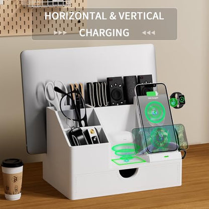 Sleek White PU Leather Charging Station with Drawer - 6-in-1 Multi-Device Desktop Organizer Docking Hub for iPad, Tablet, Laptop, Phone, Watch, Office Home Gift Idea - color: White
