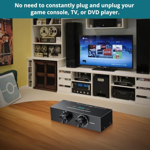4-Way Stereo Audio Switcher 4-in-1/1-in-4-Out Bi-Directional for Speaker | YGiTK 3.5mm Aux&RCA L/R Audio Switch Selector Box with OFF Button, 1.5m/4.9ft RCA Cable for Headphones, Amplifiers, Computer - size: 4-Way