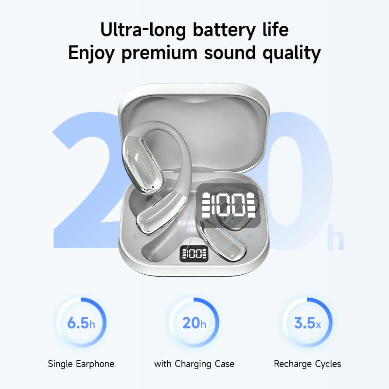 A51 Open Ear Headphones, True Wireless Earbuds with Mic & Earhooks | Deep Bass Sound, 20H Playtime & Digital Display, AI Clear Calls, Secure Comfortable Fit - Running, Sport, Meeting (Silver) - color: Silver