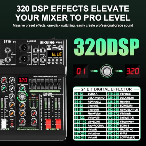 4 channel professional portable mixer, 320 DSP effects + 48V phantom power, Bluetooth sound card + 7-Band Eq Output, for PC recording, karaoke studio effects, and streaming playback