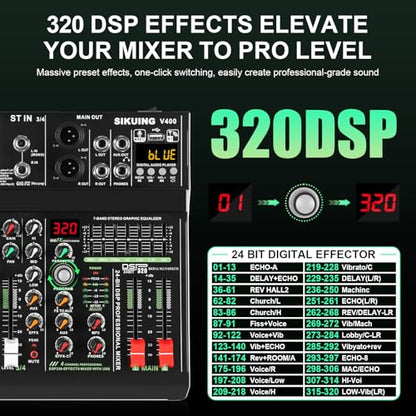 4 channel professional portable mixer, 320 DSP effects + 48V phantom power, Bluetooth sound card + 7-Band Eq Output, for PC recording, karaoke studio effects, and streaming playback