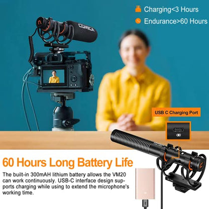 COMICA VM20 Shotgun Microphone for Camera, Super-Cardioid Camera Microphone with Rycote Shockmount, Windscreen, Wind Muff, OLED Power Display, Video Mic for Smartphones, DSLR Cameras, Camcorders