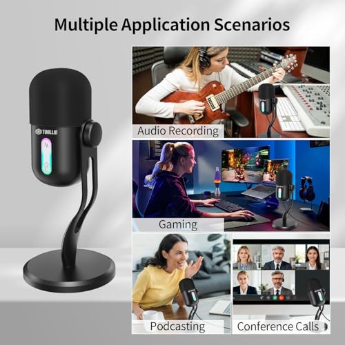 USB Condenser Microphone for Recording, Streaming, Podcasting | Noise Reduction & One-key Mute, Work with Laptop/PC/Tablet/Cellphone, Black