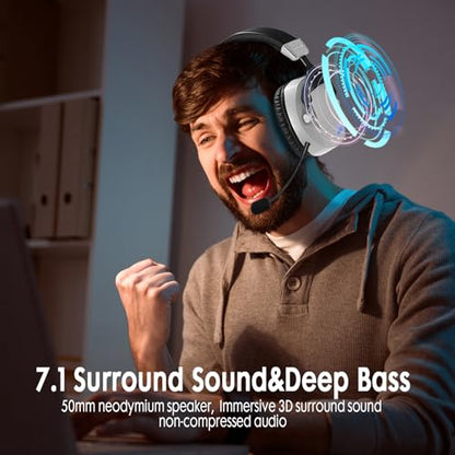 Wireless Gaming Headset for PS5, PS4, PC, Nintendo Switch, 2.4GHz USB Gaming Headphones, Bluetooth 5.3, 50H Battery, Noise Canceling Microphone, ONLY 3.5mm Wired Mode for Xbox Series-Black and White