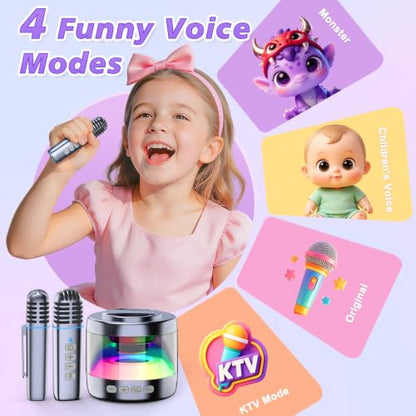 Mini Karaoke Machine for Kids with 2 Wireless Lapel Microphones | Portable Bluetooth Karaoke Speaker, Magnetic Phone Stand, Lyrics Display, Birthday for Girls Boys - color: Grey