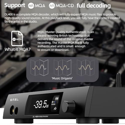 S.M.S.L DL400 Audio DAC & Headphone Amplifier DSD 256 PCM 32bit/768kHz 32Ω3000mW*2 Balanced Headphone Amplifier RCA/XLR/6.35mm&4.4mm Headphone Output with Remote Control, Hi-Fi Audio Stereo Receiver