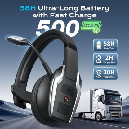 Trucker Bluetooth Headset，Single-Ear Headphone for PC,Call Centre - color: Silver