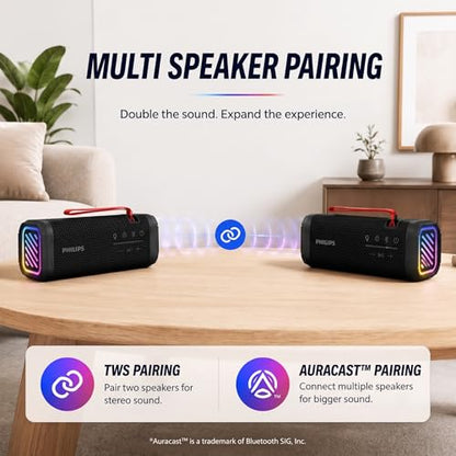 PHILIPS Portable Bluetooth Speaker, Wireless Stereo Sound Party Speaker with Deep Bass, IPX5 Waterproof, 20 Hour Playtime, Auracast & TWS Pairing, USB Playback, Bluetooth 5.4 for Outdoor & Indoor Use