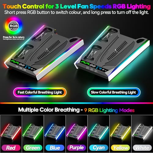 PS5/Slim/Pro Stand for Disc & Digital Console, PS5 Cooling & Charging Station with RGB Lights, PS5 Controller Charger Built-in 3 Level & AUTO Adjustable Fan, Accessories for PlayStation 4 Chargers - color: Black & White