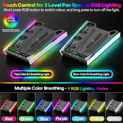 PS5/Slim/Pro Stand for Disc & Digital Console, PS5 Cooling & Charging Station with RGB Lights, PS5 Controller Charger Built-in 3 Level & AUTO Adjustable Fan, Accessories for PlayStation 4 Chargers - color: Black & White