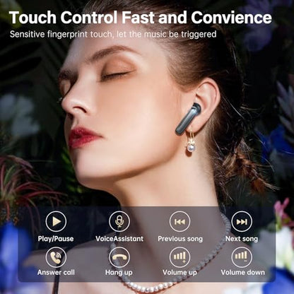 Wireless Earbuds, Bluetooth 5.3 Headphones HiFi Stereo 50H Playback LED Digital Display Ear Buds with ENC Noise Canceling Headset, IPX7 Waterproof Earphones for Gym/Running/Work（Black） - color: Black
