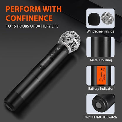 200-Channel Wireless Microphones System, Wireless Lavalier Microphone, Dual UHF Bodypack Cordless Lavalier Mic System Set, Auto Scan, Long Range 200-240Ft, 16 Hours Ideal for Church (Black)
