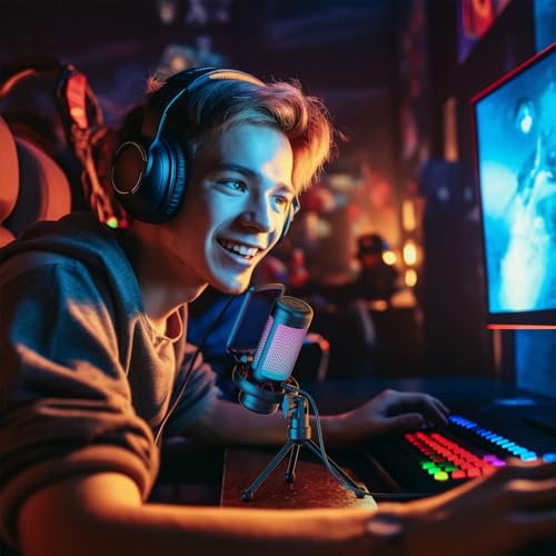 TONOR Gaming Microphone Set, PC Condenser Mic with RGB for Gamers | Desktop Stand Set, Quick Mute, Volume Control, for Twitch Streaming, Discord Chatting, 200 cm/78'' Cable, Black, TC310 - style: RGB Mic with Desktop Stand