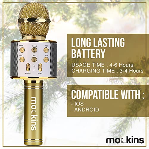 Mockins Gold Bluetooth Karaoke Microphone for Kids with Built in Bluetooth Microphone Wireless Speaker | Wireless Mic Karaoke Compatible with iPhone & Android | All-in-One Mic - color: Gold