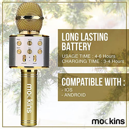 Mockins Gold Bluetooth Karaoke Microphone for Kids with Built in Bluetooth Microphone Wireless Speaker | Wireless Mic Karaoke Compatible with iPhone & Android | All-in-One Mic - color: Gold
