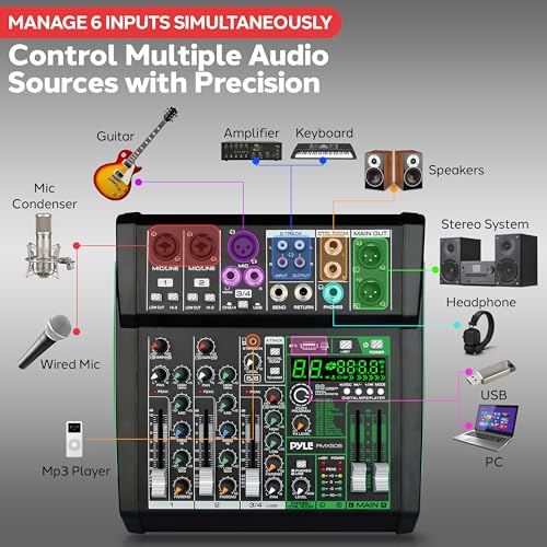 Pyle 6 Channel Audio Mixer - 2 XLR Combo Mic Inputs, Bluetooth Studio Mixer/DJ Controller with DSP Digital Effects, USB-A In with MP3 Player, PC Recording, LED Level Meter, Smooth Dials and Faders - style: 6 Channel