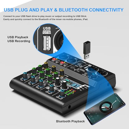 XR-4 4 Channel Small Audio Mixer Bluetooth Playback DJ console | 99 DSP sound effects, +48V phantom power, USB recording, portable design for karaoke and live performance