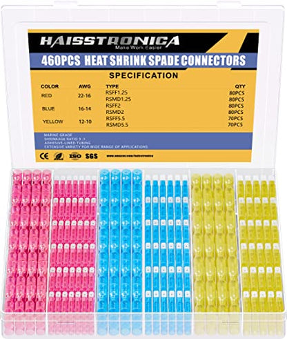 haisstronica 460PCS Heat Shrink Spade Connectors, 22-10 AWG, Male/Female | Quick Disconnect Wire Connectors for Automotive, Watercraft & Electronics, 3:1 Adhesive-Lined Crimp Terminals - size: AWG 22-10, style: Male&Female Kit 460PCS