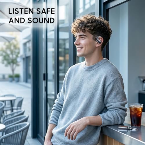 kurdene Open-Ear Headphones, Digital Display Wireless Earbuds Ear Hooks | Ultra-Comfort, Snug Fit, Powerful Sound, Clear Calls, 42H Playtime, Bluetooth 5.4 for Office, Outdoor Use-Black
