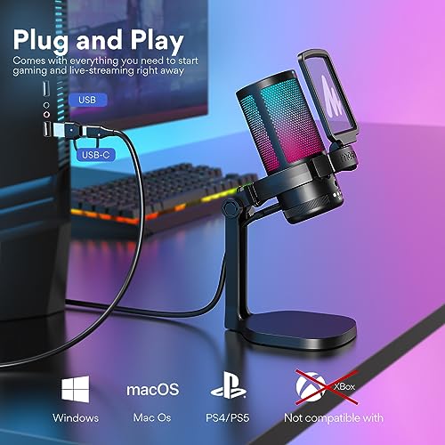 MAONO USB Gaming Microphone with Headphones, PC Computer Condenser mic with Noise Cancellation, RGB Lights, Mute for Streaming, Recording, Podcast, Chat, Twitch, YouTube, Discord, GamerWave, MH601