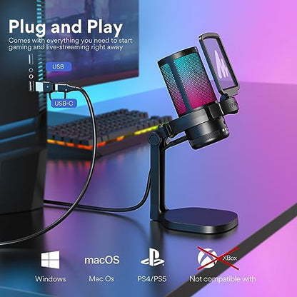 MAONO USB Gaming Microphone with Headphones, PC Computer Condenser mic with Noise Cancellation, RGB Lights, Mute for Streaming, Recording, Podcast, Chat, Twitch, YouTube, Discord, GamerWave, MH601
