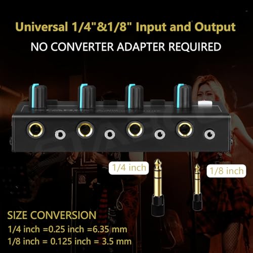 4 Channel Headphone Amplifier, Stereo/Mono Headphone Amp Splitter with 3.5mm,6.35mm,RCA Input. Four 3.5mm and 6.35mm Output. Studio Headphone Amplifier Mixer for Recording