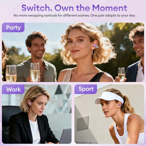 PAXA 3 in 1 Ctbuds Stylish Jewelry-Style Clip on Open Ear Headphones Wireless Earbuds, Instant Earring Mode, Ultra-Long 140H Play, Bluetooth 6.0, All-Day Wear for Work Fitness Daily Use, Purple - color: F-Purple-Butterfly Earring