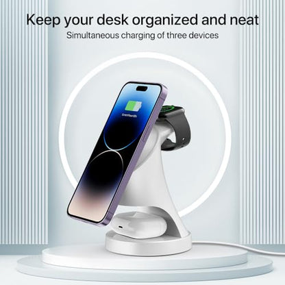 3 in 1 Wireless Charging Station for Apple Devices,Magsafe Charger for IPhone17 16 15 14 13 12 Pro/Max/Plus/Mini Wireless Charger Station for AirPods 2/3/4Pro iWatch Ultra11/10/9/8/7/SE/6/5/4/3/2 - color: White