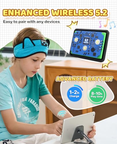 KIDSBAND Kids Headphones, Toddler/Baby Bluetooth Headband, Wireless Sleep Headphones for Kids with Wired Playback 3.5 MM Jack for Teens/Boys/Girls/School/Kindle/Airplane Travel/Plane/Tablet - color: LightBlue