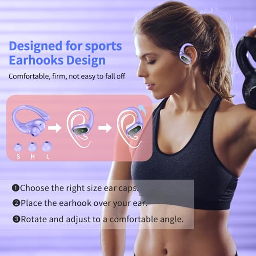 Wireless Earbuds, 2026 Bluetooth 5.4 Headphones, ENC Noise Canceling Mic | 60Hrs+ Stereo Wireless Headphones, IP7 Waterproof Bluetooth Earbuds, Sport Earhooks, Dual LED Display, for Workout, Running - color: comb purple