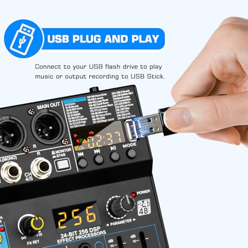 Depusheng Professional Audio Mixer Digital FX 256-Bit DSP USB Bluetooth MP3 Computer DJ Mixer 5 Channel input Interface with 48V Phantom Power for PC recording Live Streaming, Podcasting, Karaok