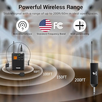 TONOR UHF Wireless Microphone System, 1 Set of Bodypack & Lavalier Mic | UHF Headset Lapel Mic, Rechargeable Receiver, 15 Channels 60 m/200ft Range 1/4" Output for Teaching, Recording ,Tour Guide