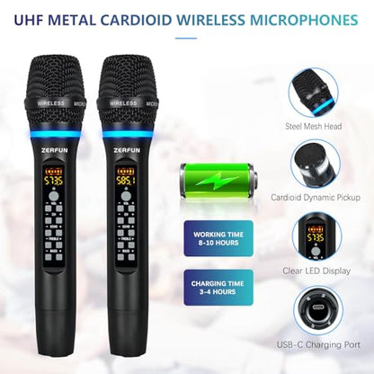 Dual Wireless Microphones Rechargeable, UHF Metal Wireless Mic System Cordless Microphone Professional with Echo Treble BASS VOL Channel Control for Karaoke Singing Church Events - style: WM-2 A
