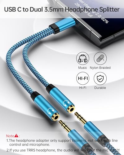 Headphone Splitter for 2 Headphones, USB C to Dual 3.5mm Headphone Splitter | USBC Audio Adapter for iPhone 17 16 15 Pro Max Google Pixel 10 Samsung Galaxy S26 S25, Audio Jack Splitter Earphone Connector - color: Blue