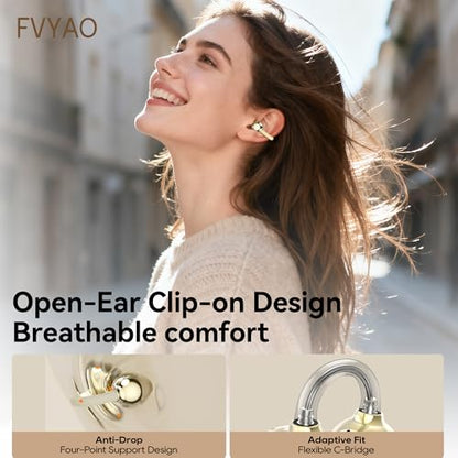 Open Ear Clip on Earbuds Bluetooth Headphones Wireless Ear Buds | Bluetooth 5.4 LED Digital Display IPX5 Waterproof HiFi Stereo 36H Playtime Comfortable Lightweight - color: Gold