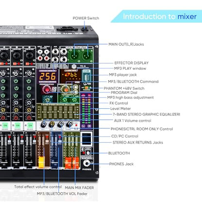 W IN-MIX 6 Channel Audio Mixer with Bluetooth, USB MP3 Player, 48V Phantom Power for Studio Recording, Live Performance, Karaoke, Podcast