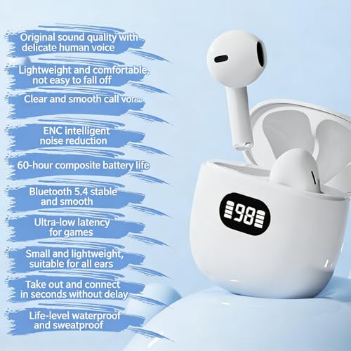 Wireless Earbuds,Bluetooth 5.4 Headphones with LED Display, Stereo Sound Clear Call,IPX7 Waterproof Bluetooth Earbuds with 50h Battery Last,ENC Noise Cancelling in Ear Earphones