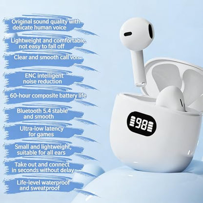 Wireless Earbuds,Bluetooth 5.4 Headphones with LED Display, Stereo Sound Clear Call,IPX7 Waterproof Bluetooth Earbuds with 50h Battery Last,ENC Noise Cancelling in Ear Earphones