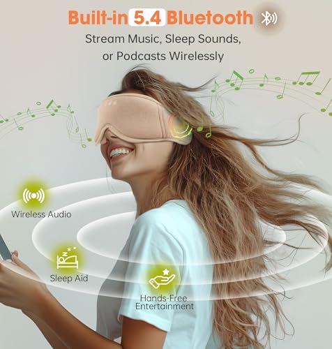 Sleep Mask with Headphones Bluetooth 5.4, LC-dolida Soft Bamboo Cotton Wireless Bluetooth Sleep Mask, Music Sleeping Headphones Cooling & Breathable, Ultra-Thin Stereo Speaker for Side Sleepers - color: Khaki